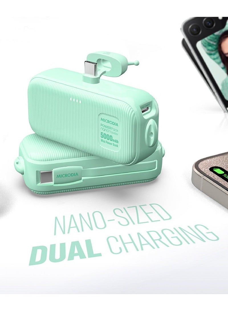 Microdia 2-in-1 PowerPack Nano Traveler 20W Type C Power Bank, 5000mAh Built-in Type C Cable & Connector Portable Charger for iPhone, Samsung, & Android – Mint - Image 5